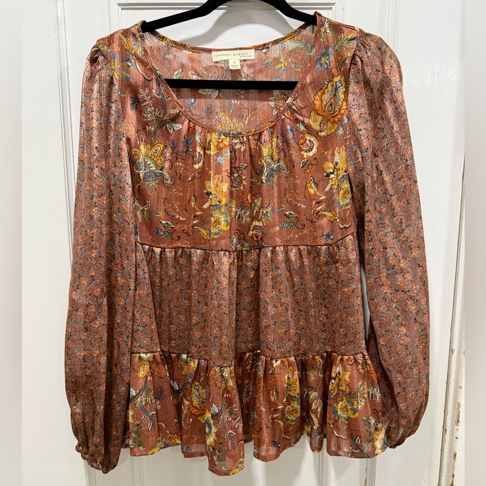 Farmers Market by One World Brown Metallic Long Sleeve Blouse